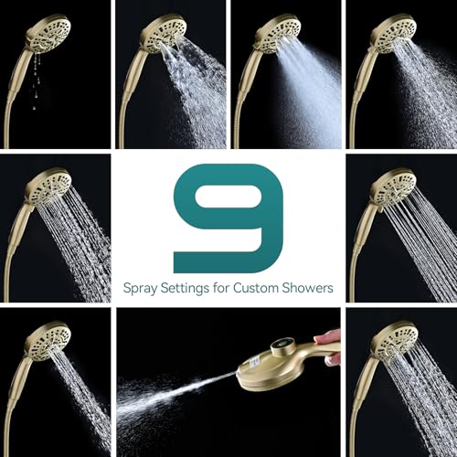 Foldable Rainfall Shower Head 9 Spray Settings/Modes Handheld Showerheads | High Pressure Shower Heads with Handheld Spray Combo, Built-in Magnetic Docking, Power Jets, Stainless Steel Shower Hose - color: Gold