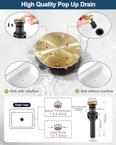 Brass Waterfall Faucet, Brushed Gold Bathroom Faucet, Single Handle for One Hole or 3 Holes 4 Inch with Pop-Up Drain, Pre-Installed Supply Hoses and Deck Plate for Vanity RV Farmhouse Modern - color: Brushed Gold