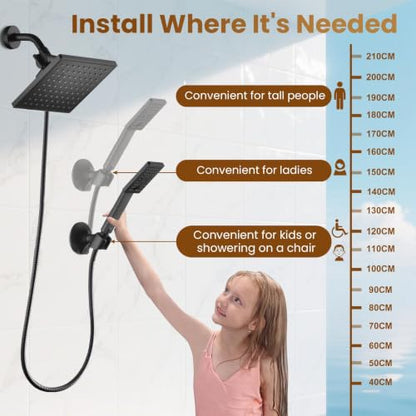 BRIGHT SHOWERS Rain Shower Head with Handheld Spray, High Pressure Square Showerhead Combo with Rainfall & Handheld, Detachable Dual Shower with Anti-Clog Nozzles, 60" Hose, Matte Black - color: Matte Black, style: Dual Shower Head