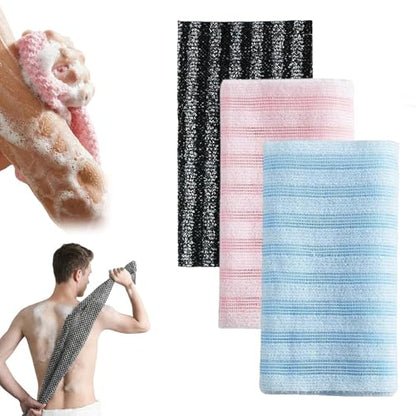 3 PCS Exfoliating Shower Towel, Body Scrubber Set, Dual-Sided Wash Cloth for Smooth Skin, Extra Long Bath Towel in Black Pink Blue Colors