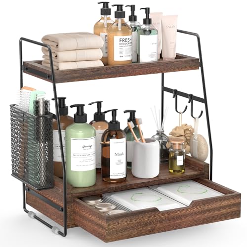 2-Tier Bathroom Counter Organizer with Drawer, Wood Counter Storage Shelf | Bathroom Vanity Organizer Countertop for Makeup, Skincare, Perfume, with Removable Basket, 13.4" x 7.9" x 14.5", Dark Brown - color: Dark Brown