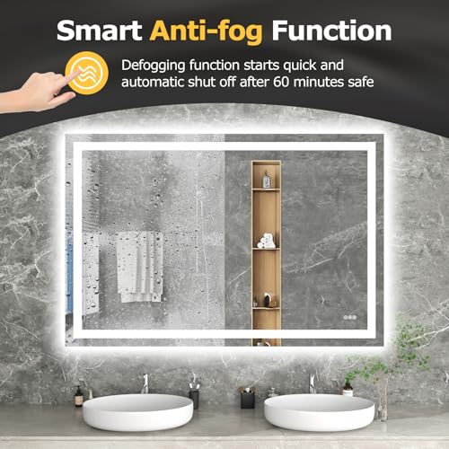 Hivone 60"X40" LED Bathroom Mirror with Lights, Anti-Fog, Dimmable, Backlit + Front Lit, Smart Bathroom Vanity Mirror, Memory Function, Shatterproof, Tempered Glass (Horizontal/Vertical) - size: 60"L x 40"W