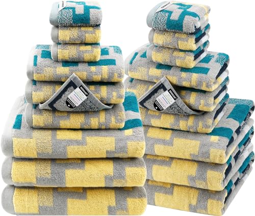 SEMAXE 18-Piece Cotton Bath Towel Set for Bathroom, Geometric Pattern | Stock-up towel set for family bathrooms, guest baths, multi-bath homes, and wash-day rotation, OEKO-TEX certified, easy care - color: C01: Colorful - Checkered