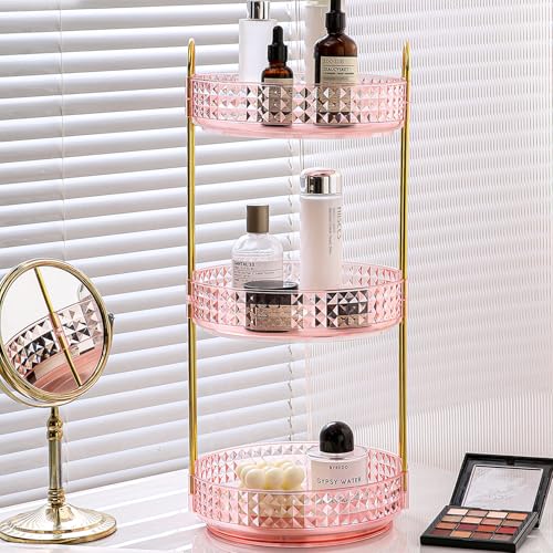 Fangoo 3 Tiers Pink Rotating Makeup Organizer for Vanity 360 Spinning Skincare Organizers for Dresser Perfume Organizer Large Skincare Make up Storage Cosmetic Organizer for Bathroom Countertop - color: Pink-A, size: 3 Tiers
