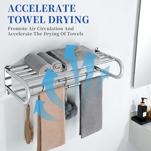 Alise Adjustable 16-28 Inches Double Towel Rack for Bathroom,Chrome | Wall Mount Double Towel Racks,SUS304 Stainless Steel Towel Holder,Retractable Towel Shelf with 2 Towel Bars 4 Movable Hooks