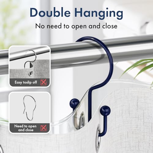 Bathway Shower Curtain Hooks Blue Shower Curtain Rings, 12 Pcs Double Hook Shower Curtain Hooks Rings Shower Curtain Hangers Rust Proof, Metal Shower Hooks for Bathroom Shower Curtain Rod - color: Blue, style: Minimalist
