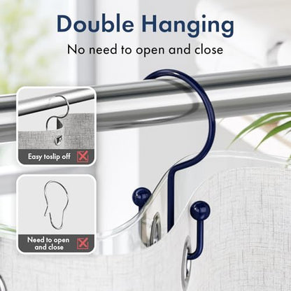 Bathway Shower Curtain Hooks Blue Shower Curtain Rings, 12 Pcs Double Hook Shower Curtain Hooks Rings Shower Curtain Hangers Rust Proof, Metal Shower Hooks for Bathroom Shower Curtain Rod - color: Blue, style: Minimalist