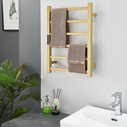 Gold Heated Towel Warmer Rack Bathroom Accessories, Wall Mounted Electric Heated Towel Rail 6 Bars Stainless Steel Electric Drying Racks with Timer, Home Towel Warmer Radiator, Hardwired