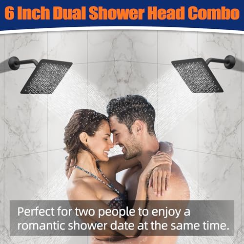 Black Thermostatic Shower System three Shower Heads with 16" Ceiling Mounted Rain Shower Head & 2 x 6" Wall Mounted Head 4 Function Full Body Shower System Can All Run Together - color: Matte Black