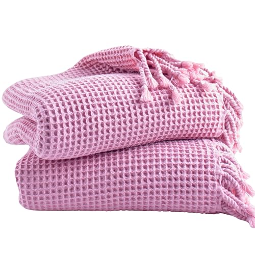 PÜSKÜL 2-Piece Luxury Natural 100% Turkish Cotton Beach Towels Waffle Weave | Light Pink, Oversize 35x70" Bath Sheet Towel Lightweight Soft Absorbent Quick-Dry Sand-Free Peshtemal Oeko-Tex Made in Turkey - color: Light Pink