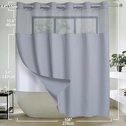 Conbo Mio Extra Wide No Hook Waffle Weave Shower Curtain with Snap in Liner Set, 108" x 74" Hotel Luxury Grey Shower Curtains for Bathroom with See Through Top Window, Waterproof, Washable 108W x 74H - color: Waffle-grey, size: 108"W x 74"L (Pack of 1)