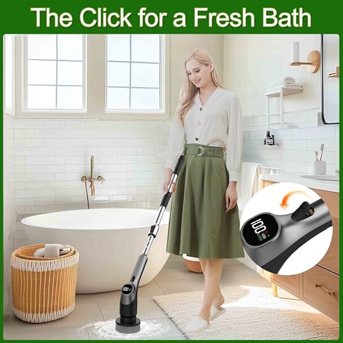 Electric Spin Scrubber, Shower Scrubber with Long Handle Adjustable LCD Display, 2 Speed Shower Cleaner, 7 Replaceable Brush Heads Bathroom Cleaning Brush, Bath Tub Power Scrubbers Black G3 - color: Black