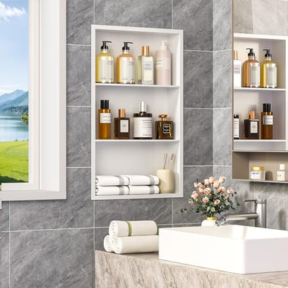 14x24 Recessed Medicine Cabinet, Bathroom Wall Cabinet, 304 Stainless Steel Recessed Wall Niche with 3-Tiers Shelves, Matte White - color: Matte White, size: 14'' x 24''