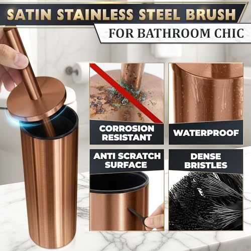 Bronze Toilet Brush and Holder Set for Modern Bathrooms (Bronze) | Toilet Bowl Brush and Holder, Removable Inner Bowl, Dense Bristles, Long Handle, Scratch Resistant, Detachable Long Handle - color: Bronze