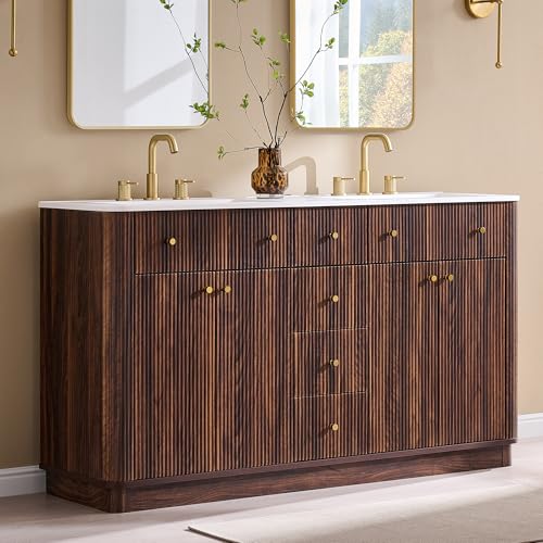 T4TREAM 60" Fluted Bathroom Vanity with Double Sink, Dark Walnut | Integrated Resin Sink, 2 Large Storage Cabinets, Adjustable Shelf, 3 Drawers, Three pre-drilled faucet holes, Mid-Century - color: Dark Walnut, size: 60" (Bouble Sink)
