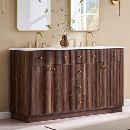 T4TREAM 60" Fluted Bathroom Vanity with Double Sink, Dark Walnut | Integrated Resin Sink, 2 Large Storage Cabinets, Adjustable Shelf, 3 Drawers, Three pre-drilled faucet holes, Mid-Century - color: Dark Walnut, size: 60" (Bouble Sink)
