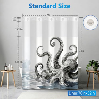 Giant Octopus Shower Curtains for Bathroom, No Hook Shower Curtain with Mesh Top Window and Detachable Liner, 71x74 Inch Waterproof Fabric Ocean Shower Curtain with Built-in Rings and Weighted Bottom - color: Giant Octopus
