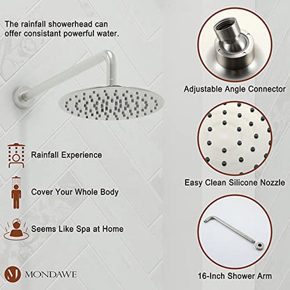 MONDAWE 9 Inch Wall Mounted Shower Faucet Set with Tub Spout in Brushed Nickel, Rainfall Shower Head with 3-Setting Handheld Spray Shower Combo, High Pressure Shower System with Solid Brass Valve - color: Brushed Nickel, style: 9 IN - With Tub Spout