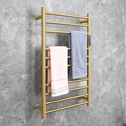 Heated Towel Rack Plug-in,Free Standing & Wall Mounted Dryer Rack Stainless Steel,Radiator 10 Bars Hot Towel Warmer with Built-in Timer,Gold - color: Gold