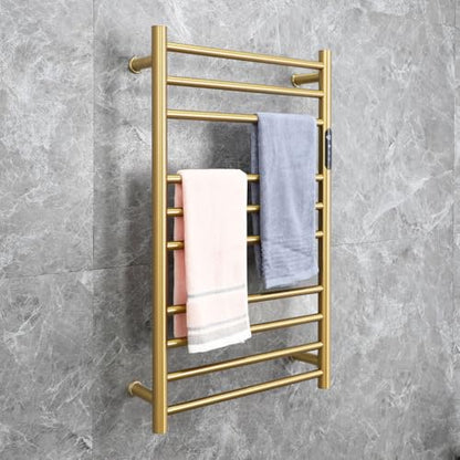 Heated Towel Rack Plug-in,Free Standing & Wall Mounted Dryer Rack Stainless Steel,Radiator 10 Bars Hot Towel Warmer with Built-in Timer,Gold - color: Gold