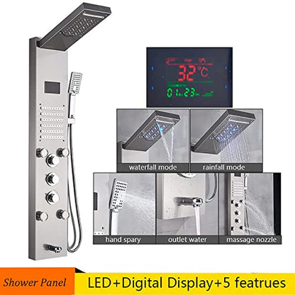 Led Shower Panel Tower System Digital Display Shower Column Stainless Steel Shower Panel System, Shower System with Shower Head, Handheld Shower, Body Jets, Tub Spout,Brushed,Brushed Nickel - color: Brushed Nickel