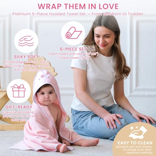 Softan Baby Hooded Towels and Washcloths Set 6 Pack, 28x28 Ultra Soft & Absorbent Baby Bath Towels for Newborn Infant Toddler, Unisex Boys Girls (Pink Elephant) - color: Pink Elephant