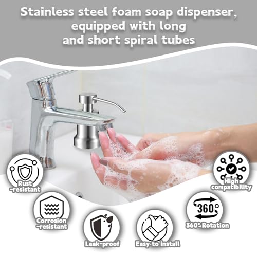 HAIOLORPRO Foaming Soap Dispenser for Kitchen Sink, Kitchen Bathroom Soap Dispenser Pump, Stainless Steel Foam Soap Dispenser with Two Spiral Tubes and 21oz Under Counter Plastic Bottle
