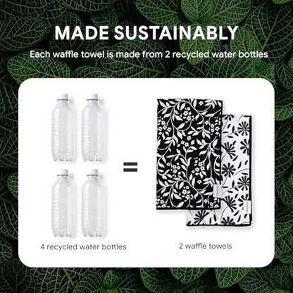RECYCO Waffle Kitchen Towel Set of 2 - Quick Dry Microfiber Sustainable Dish Towels - Ultra Absorbent Reusable Cleaning Tea Towels - Lightweight Hand Towels,16”x 28”, Black & White Florals - color: Black & White Florals