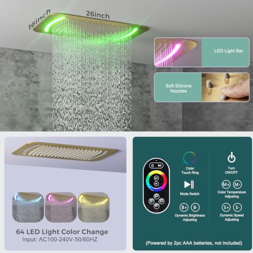 16x26" Rainfall Full Body Digital Shower System with LED Light Remote | Luxury Temperature Display Shower Faucet Set with 4 Body Jets & Dual Function Handheld Shower, Brushed Gold - color: Brushed Gold, style: 16x26"+4 jets