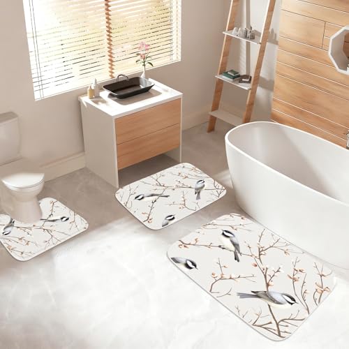 Cute Modern Bird Nature Bathroom Rugs and Mats Sets 3 Piece, Memory Foam Bath Mat, U-Shaped Contour Shower Mat Non Slip Absorbent, Velvet Washable 20 x 31 inch White - color: Color22