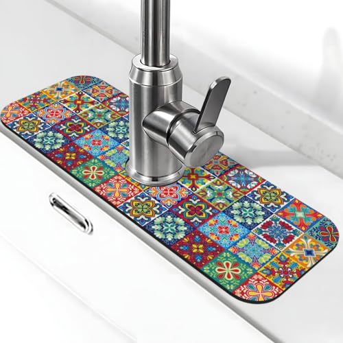 Talavera Mexican Ceramic Tile Floral Kitchen Sink Splash Guard Faucet Mat Super Absorbent Fast Drying Mat Sink Gadgets-Fast Drying Pad Sink Mat For Kitchen Bathroom (15" X 5.5" ) - color: Talavera Mexican Ceramic Tile