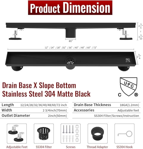 Linear Shower Drain, 24 inch Matte Black | Including Hair Catcher and Removable Grate, 304 Stainless Steel, Easy to Install and Clean (Drain Base Not Included) - color: Matte Black, size: 24 inch