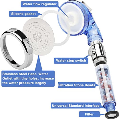 High Pressure Shower Head with Hose, REHAVE Water Saving RV Handheld Shower Head, Shower Sprayer, 3 Mode, Handheld Spray Showerheads for Dry Skin Hair Loss, Purifying Filtration Mineral Stone Beads - style: 3 Spray Settings