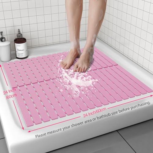 Shower Mat Non-Slip Bath Mat for Tub and Shower Stall,236 Suction Cups with Drain Holes, Quick Dry Machine Washable, Extra Grip for Stand Up Showers, Bathroom Essentials 24x24 Inch (Pink) - color: Pink