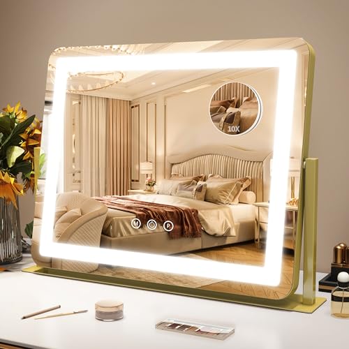 ROLOVE Gold Vanity Mirror with Lights - Smart Touch Dimming, 3-Color Lighting, 360° Rotatable Desktop Makeup Mirror for Desk, 22"x17" - color: Gold, size: 22"L x 17"W