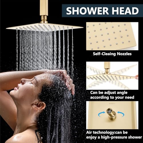Aolemi Ceiling Shower Faucet with Handheld 12 Inch Head Brushed Gold | Shower Valve and Trim Kit,SUS304 Rain Head and Handle Set System,All Metal,Bathroom, Handheld Spray - color: Gold, size: 12 Inch Ceiling Shower Head