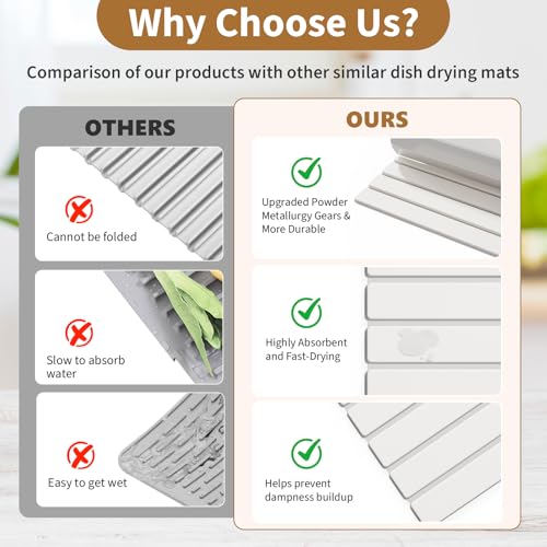 Foldable Stone Dish Drying Mat, 23.6"x15.3" Absorbent Quick Dry Board | Made of natural diatomaceous earth. Super absorbent mat for kitchen & bathroom countertops, drying dishes, cups & bottles.