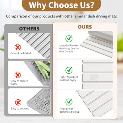 Foldable Stone Dish Drying Mat, 23.6"x15.3" Absorbent Quick Dry Board | Made of natural diatomaceous earth. Super absorbent mat for kitchen & bathroom countertops, drying dishes, cups & bottles.