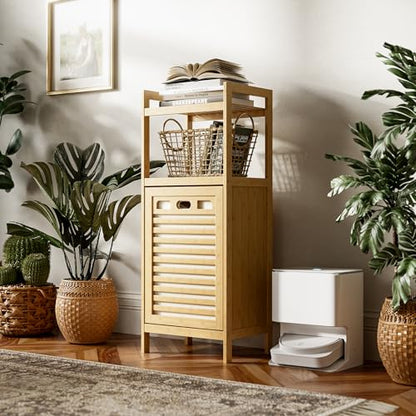 HITNET Tilt Out Laundry Hamper, Bamboo Laundry Basket with Foldable Bag and 2 Open Shelves, Freestanding Clothes Storage Organizer for Bedroom, Bathroom, Living Room, Natural - color: Natural