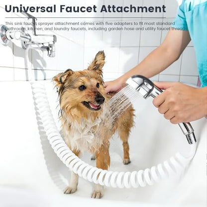 Sink Faucet Sprayer Attachment, Universal 5-Adapter Kit with On/Off Switch and 3 Spray Modes, Retractable Hose Sprayer for Kitchen Sink, Pet Washing, and Bathroom Cleaning