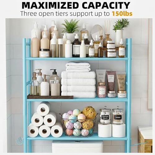 GloTika 3-Tier Over Toilet Storage, Anti-Tilt, 64" H, Blue | Anti-Tilt Safety System, 150lb Capacity, Carbon Steel, Freestanding, No Drilling, Anti-Rust Coating, Paper Holder & 4 Hooks - color: Blue, size: 3-Tier