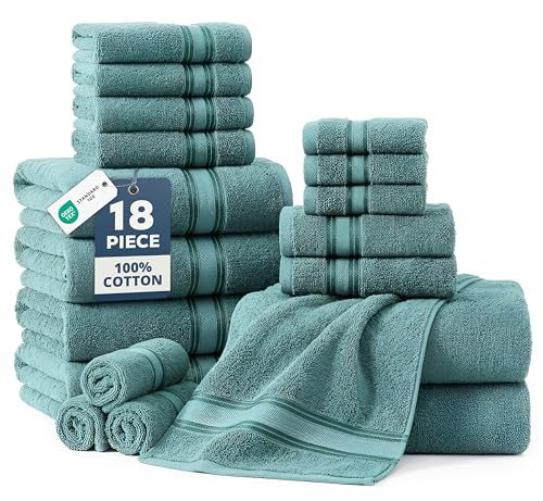 LANE LINEN Bath Towel Set Absorbent Quick Dry 100% Cotton 18 Piece - Teal | Cotton Towels For Bathroom - OEKO-TEX Certified, Zero-Twist Durability, Terry Weave Comfort - color: 09: Teal, size: 18 Piece Towel Set