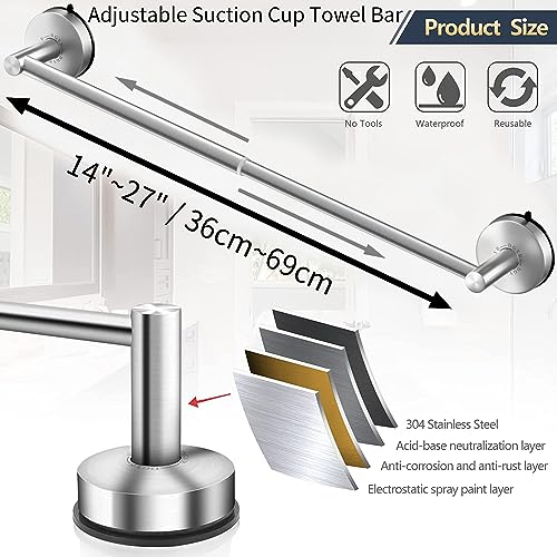 DGYB Adjustable Suction Cup Towel Bar for Bathroom 14 Inch ~ 27 Inch Brushed Nickel Towel Rack Stainless Steel Bath Towel Holder for Glass Shower Door - color: 14"~27" Towel Bar - 1pc/Brushed Nickel