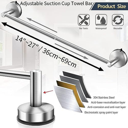 DGYB Adjustable Suction Cup Towel Bar for Bathroom 14 Inch ~ 27 Inch Brushed Nickel Towel Rack Stainless Steel Bath Towel Holder for Glass Shower Door - color: 14"~27" Towel Bar - 1pc/Brushed Nickel
