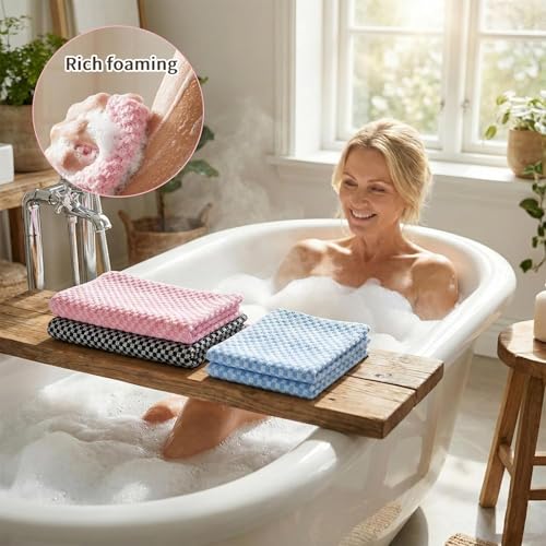 3 PCS Exfoliating Shower Towel, Body Scrubber Set, Dual-Sided Wash Cloth for Smooth Skin, Extra Long Bath Towel in Black Pink Blue Colors