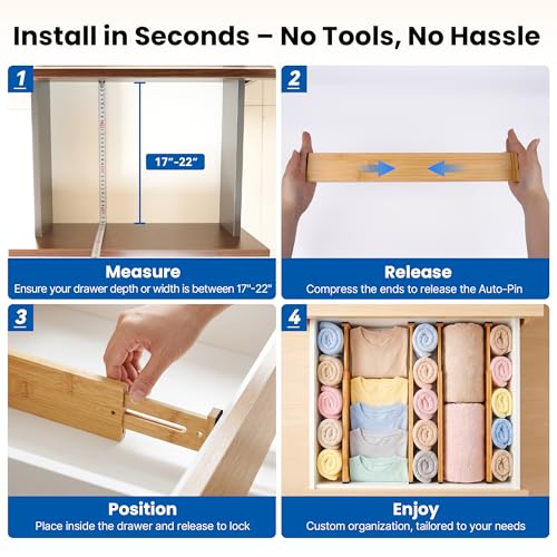 4 Pack 2.36" Bamboo Drawer Dividers, 17-22" Expandable Kitchen Organizers | Adjustable Spring-Loaded Tension Separators with Foam Pad for Clothes, Utensils, Kitchen, Dresser, Nursery & Bathroom - size: 2.36"H, 17-22"L Adjustable
