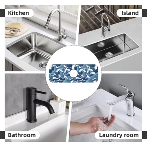 Japanese Wave Kanagawa Blue And White Waves Japan Kitchen Sink Splash Guard Faucet Mat Super Absorbent Fast Drying Mat Sink Gadgets-Fast Drying Pad Sink Mat For Kitchen Bathroom (15" X 5.5" ) - color: Japanese Wave