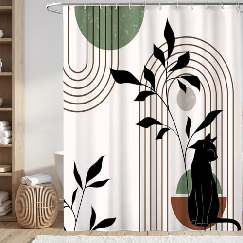 Mid Century Modern Shower Curtain, Minimalist Boho Chic Cat with Leaves Shower Curtains for Bathroom, Sage Green Black Waterproof Polyester Fabric Shower Curtain Set with Hooks, 72 x 72 inches - color: Brown Black
