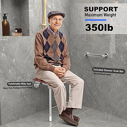 Folding Shower Seat Wall Mount, Foldable Wall Wood Shower Chair Bench for Seniors, Bathroom Safety Shower Stool for Small Shower