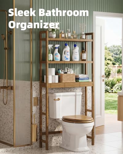 SMIBUY Bathroom Storage Shelf, Bamboo Over-The-Toilet Organizer Rack, Freestanding Toilet Space Saver with 3-Tier Adjustable Shelves (Walnut) - color: Walnut